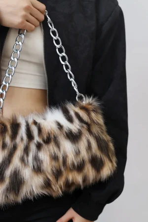 Luxury Leopard Design Plush Underarm Bag for Women Winter Faux Furry Chain Shoulder Bags Female Furry Dinner Purse Handbags