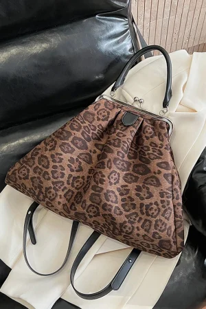 Women's Leopard Print Clutch Bag Metal Kiss-Lock Closure Leather Patchwork Retro Casual Commuter Shoulder Bag Daily Handbag 2026