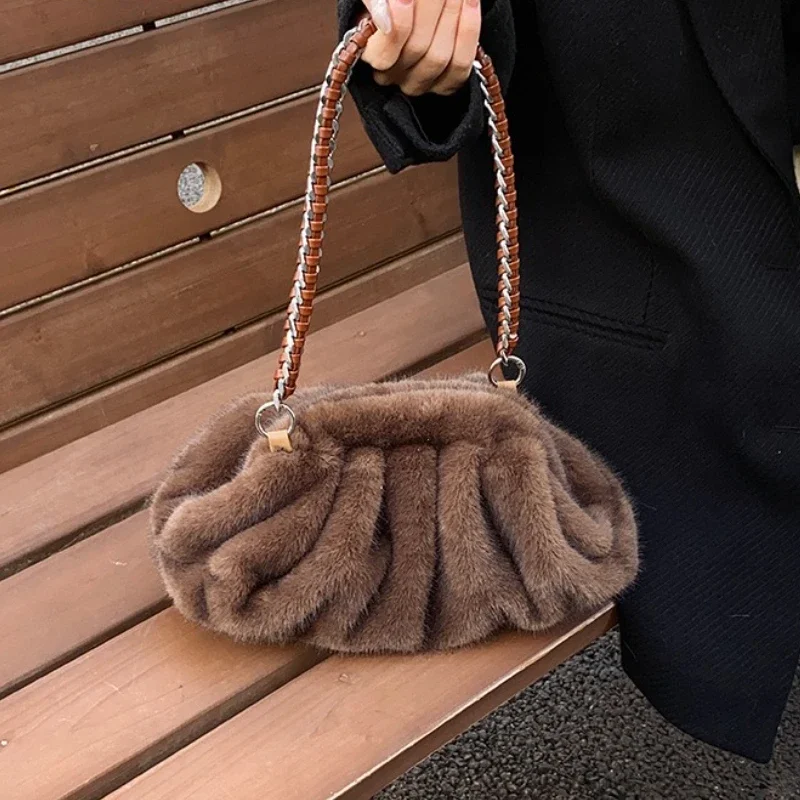 Pleated Design Faux Fur Shoulder Bags For Women 2026 Luxury Designer Purses And Handbags Winter Warm Soft Plush Hobo Bags - Image 3