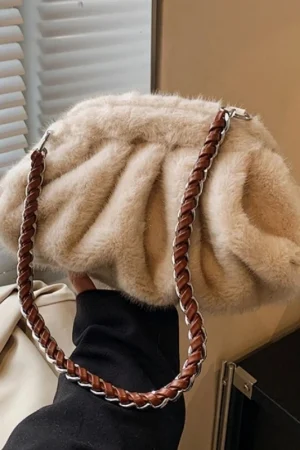 Pleated Design Faux Fur Shoulder Bags For Women 2026 Luxury Designer Purses And Handbags Winter Warm Soft Plush Hobo Bags