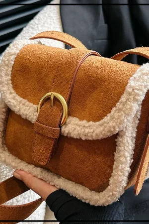 Autumn Winter Plush Bag Women's Korean Retro Small Square Handbags New Suede Lamb Wool Patchwork Shoulder Crossbody Bags